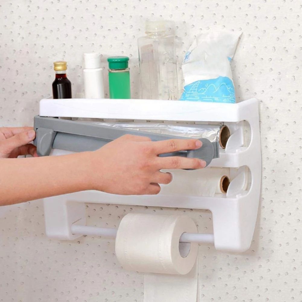 Wall Mounted Kitchen Cling Film Dispenser with Cutter, Cling Film Aluminum Foil Roll Holder Paper Towel Holder Grey