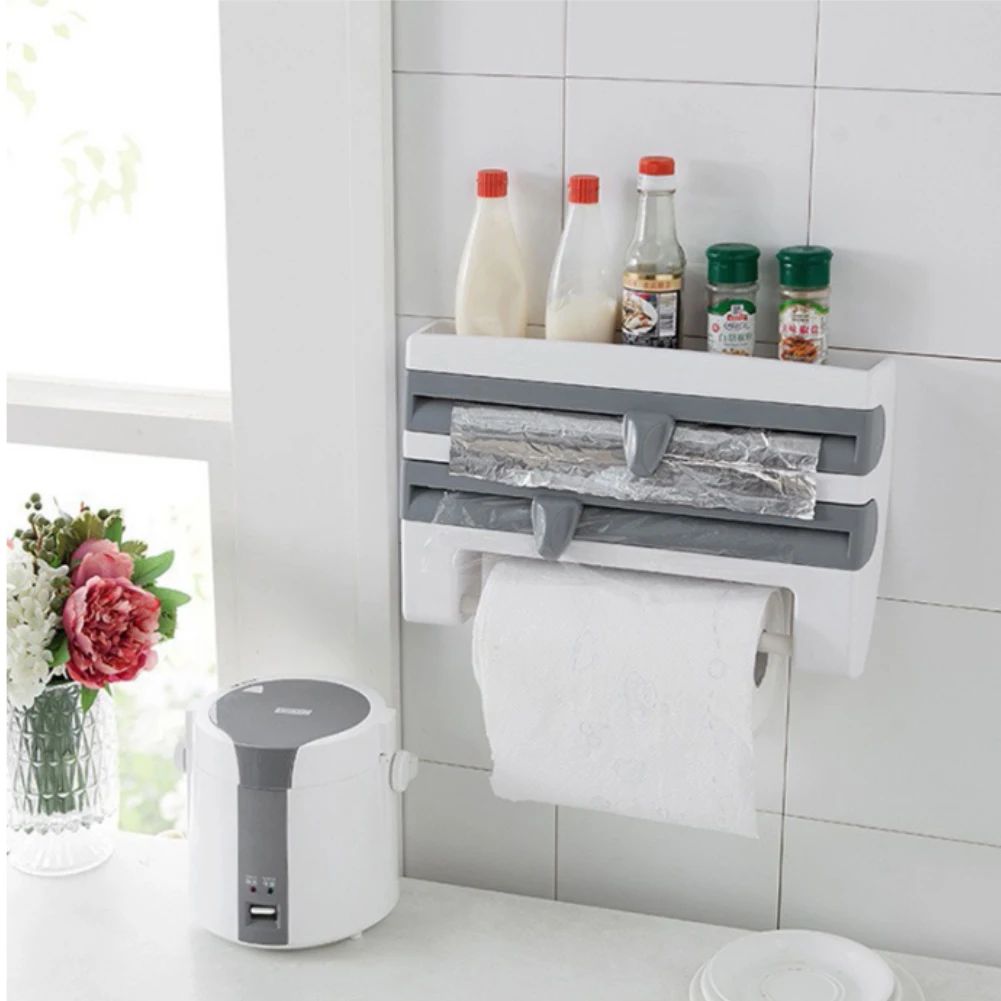 Wall Mounted Kitchen Cling Film Dispenser with Cutter, Cling Film Aluminum Foil Roll Holder Paper Towel Holder Grey