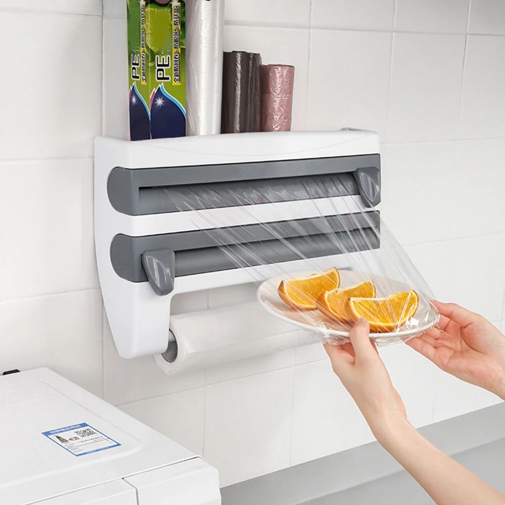 Wall Mounted Kitchen Cling Film Dispenser with Cutter, Cling Film Aluminum Foil Roll Holder Paper Towel Holder Grey