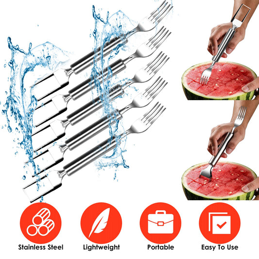 5Pcs 2 In 1 Watermelon Cutter Slicer Fork Stainless Steel Dual Head Watermelon Fruit Cutting Fork Knife For Summer Family Gathering Friend Party Camping Picnic Home Kitchen