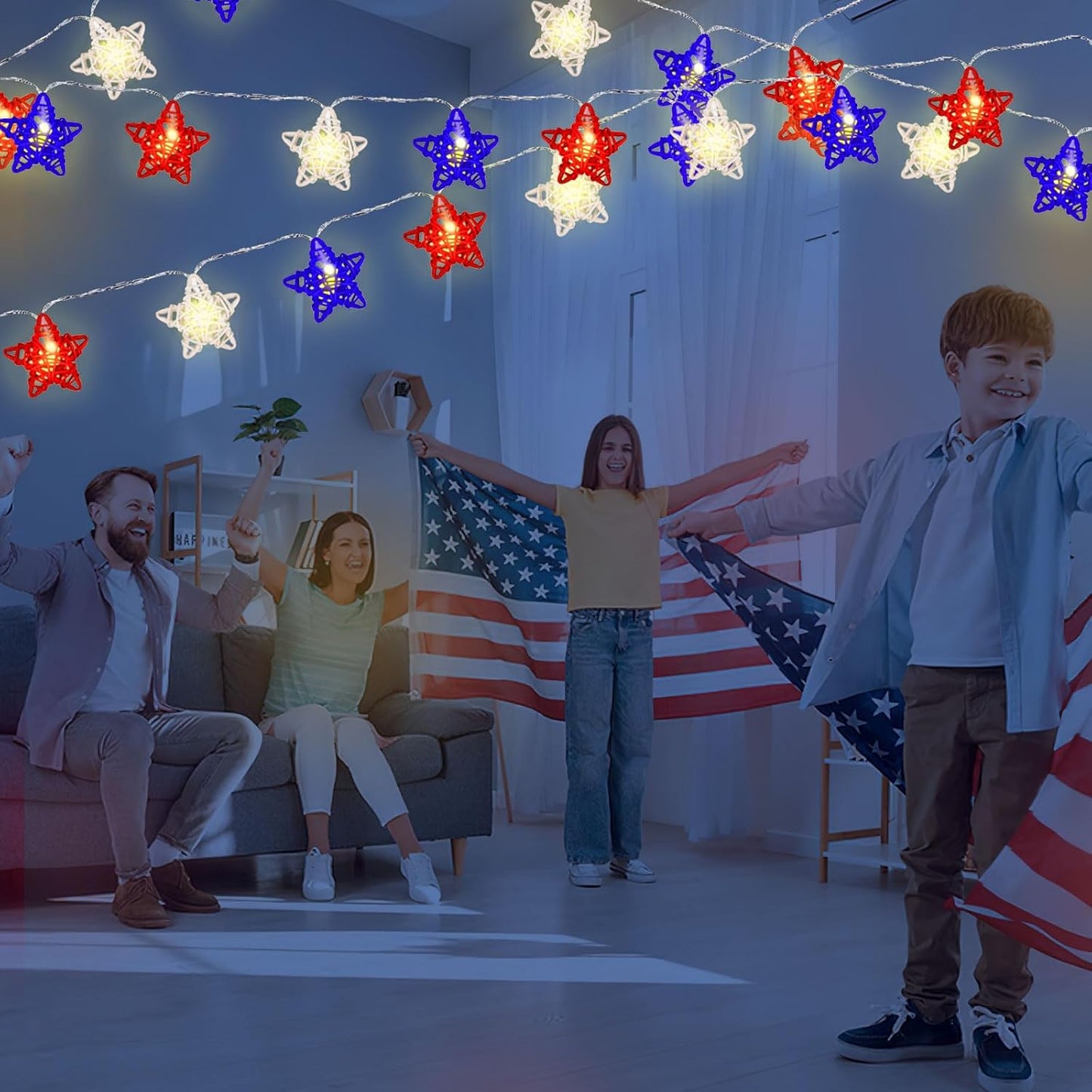 Red White And Blue Star Lights 4th Of July Decorations, 15FT 30 LED 3D Star String Lights With Batteries Compatibility For Memorial Day Decorations Patriotic Decor Clearance