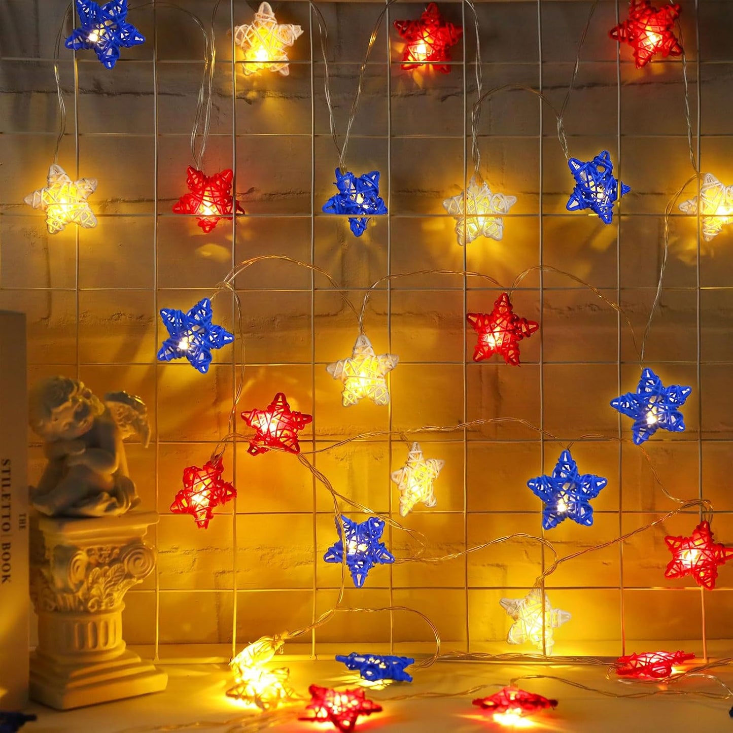 Red White And Blue Star Lights 4th Of July Decorations, 15FT 30 LED 3D Star String Lights With Batteries Compatibility For Memorial Day Decorations Patriotic Decor Clearance