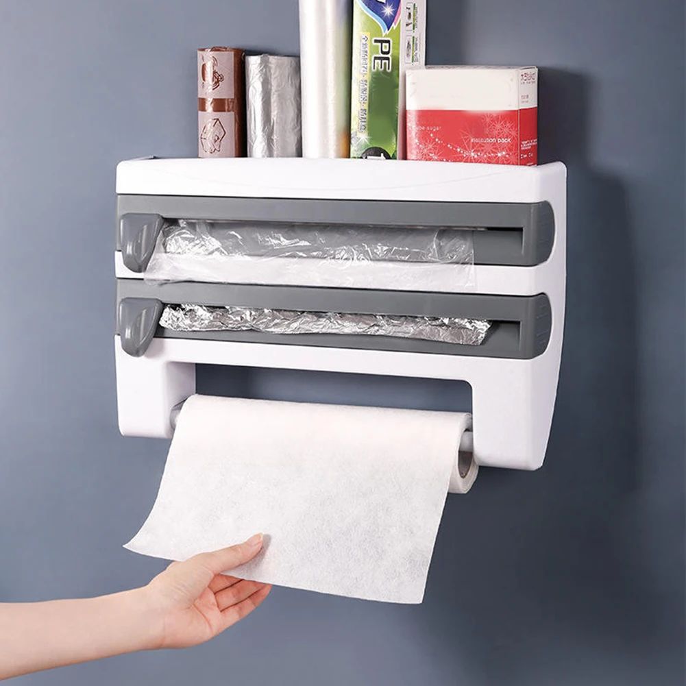 Wall Mounted Kitchen Cling Film Dispenser with Cutter, Cling Film Aluminum Foil Roll Holder Paper Towel Holder Grey