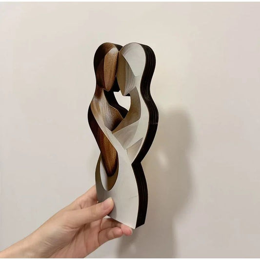 Flat Wooden Couple Statue 20cm Modern Home Decor for Living Room Office