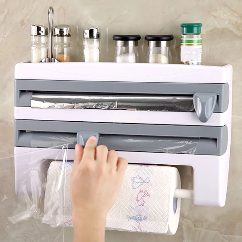 Wall Mounted Kitchen Cling Film Dispenser with Cutter, Cling Film Aluminum Foil Roll Holder Paper Towel Holder Grey