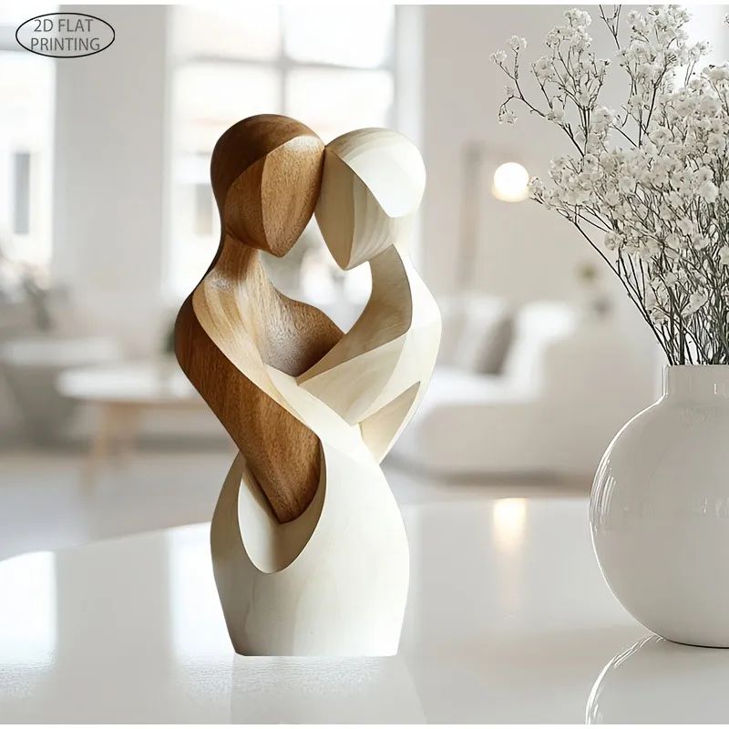Flat Wooden Couple Statue 20cm Modern Home Decor for Living Room Office