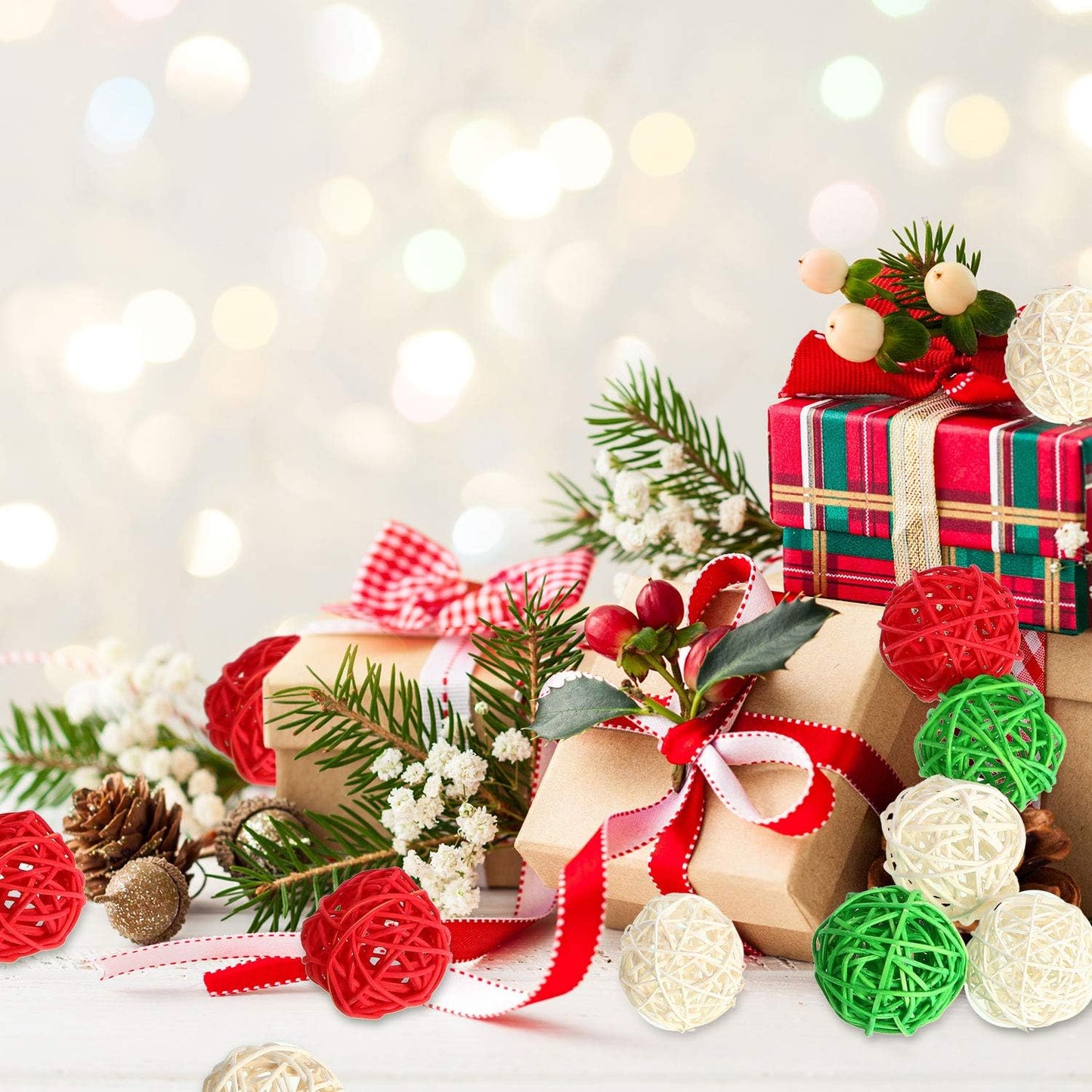 30 Pieces Wicker Rattan Balls Decorative Orbs For Bowl Centerpieces Christmas Vase Filler For Holiday Xmas Home Table Decor DIY Craft Aromatherapy Accessories, 1.2 Inch Red White Green