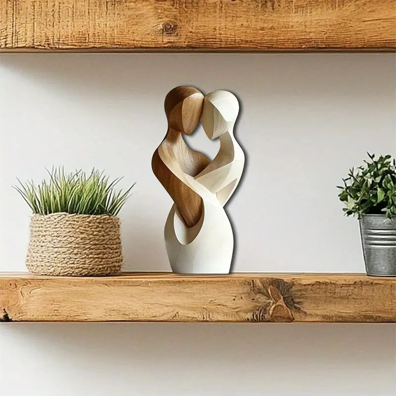 2D Flat Elegant Wooden Couple Statue Modern Decor for Living Room or Office