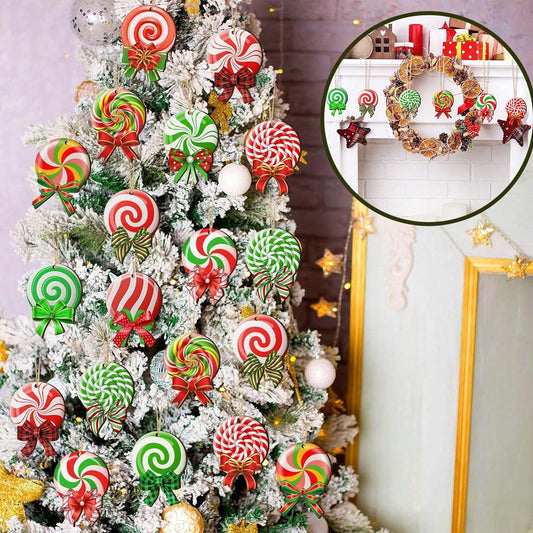 24 Pieces Peppermint Christmas Tree Ornaments Colorful Peppermint Wood Decorations Green Red Lollipop Shaped Christmas Hanging Ornaments For New Year Holiday Xmas Theme Birthday Party Decor
