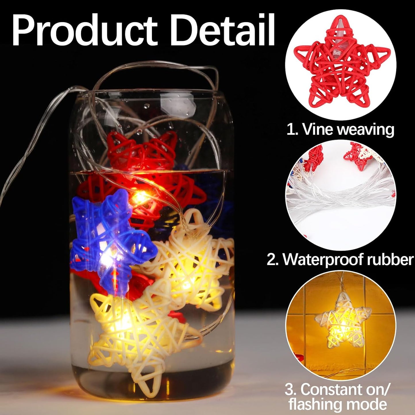 Red White And Blue Star Lights 4th Of July Decorations, 15FT 30 LED 3D Star String Lights With Batteries Compatibility For Memorial Day Decorations Patriotic Decor Clearance