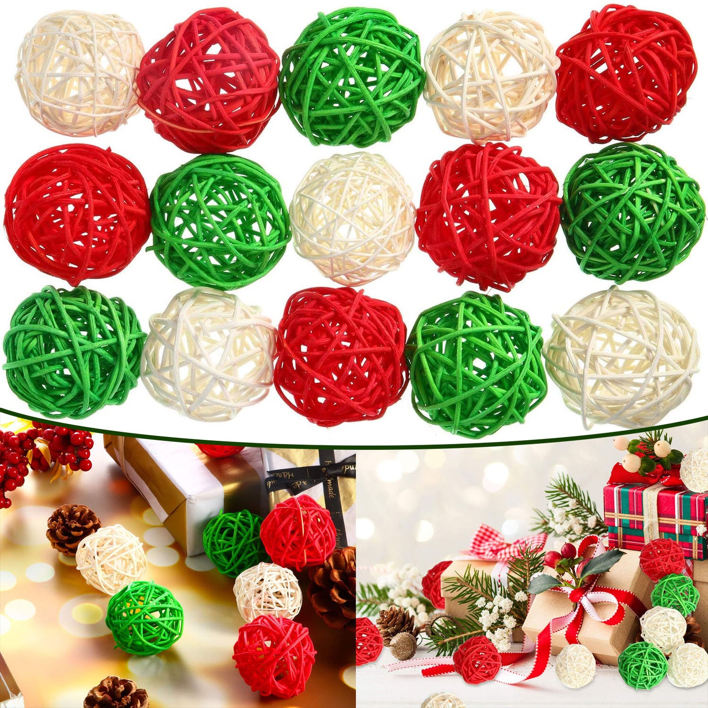 30 Pieces Wicker Rattan Balls Decorative Orbs For Bowl Centerpieces Christmas Vase Filler For Holiday Xmas Home Table Decor DIY Craft Aromatherapy Accessories, 1.2 Inch Red White Green