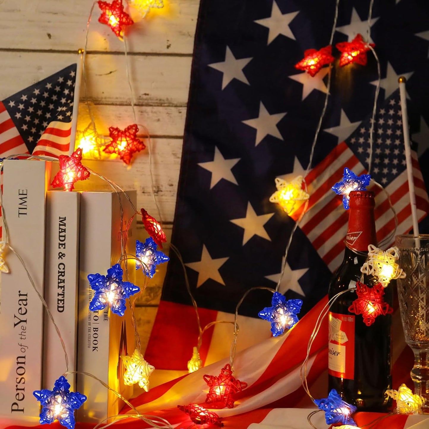 Red White And Blue Star Lights 4th Of July Decorations, 15FT 30 LED 3D Star String Lights With Batteries Compatibility For Memorial Day Decorations Patriotic Decor Clearance