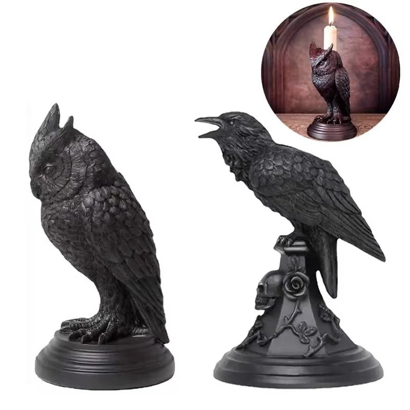 Black Owl Candlestick Resin Sculpture Craft Halloween Statue Fun Atmosphere Home Decoration